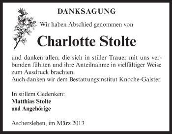 Traueranzeige von Charlotte Stolte von Super Sonntag Aschersleben