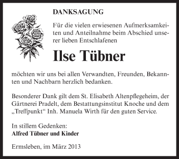 Traueranzeige von Ilse Tübner von Super Sonntag Aschersleben