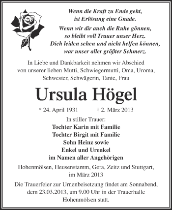 Traueranzeige von Ursula Högel von WVG - Wochenspiegel NMB / WSF / ZTZ