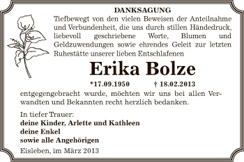 Traueranzeige von Erika Bolze von Wochenspiegel Mansfelder Land