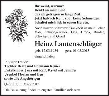 Traueranzeige von Heinz Lautenschläger von WVG - Wochenspiegel Merseburg