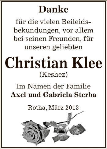 Traueranzeige von Christian Klee von Super Sonntag SGH Mansf. Land