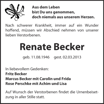 Traueranzeige von Renate Becker von WVG - Wochenspiegel Quedlinburg