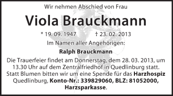 Traueranzeige von Viola Brauckmann von WVG - Wochenspiegel Quedlinburg