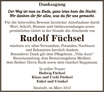Traueranzeige von Rudolf Füchsel von Super Sonntag SGH Mansf. Land