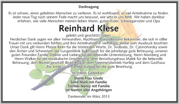 Traueranzeige von Reinhard Klese von WVG - Wochenspiegel Quedlinburg
