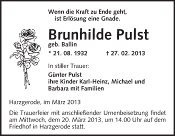 Traueranzeige von Brunhilde Pulst von WVG - Wochenspiegel Quedlinburg