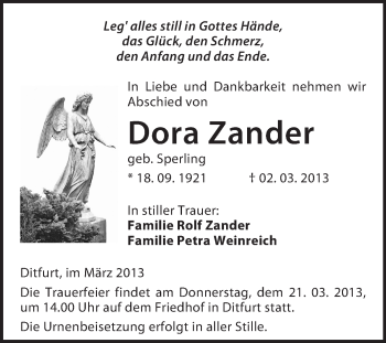Traueranzeige von Dora Zander von WVG - Wochenspiegel Quedlinburg