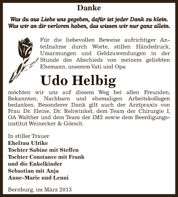 Traueranzeige von Udo Helbig von Super Sonntag Bernburg