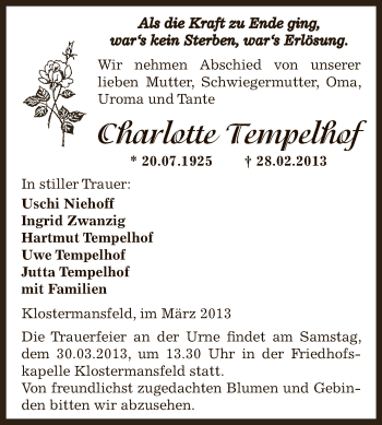 Traueranzeige von Charlotte Tempelhof von Wochenspiegel Mansfelder Land