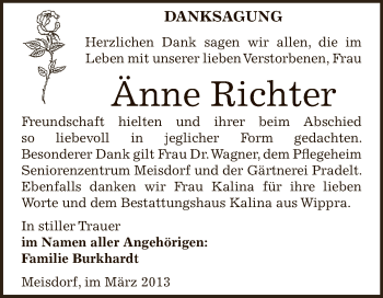 Traueranzeige von Änne Richter von Wochenspiegel Mansfelder Land