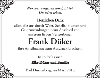 Traueranzeige von Frank Düker von Super Sonntag Merseburg
