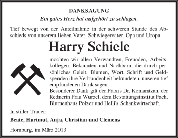 Traueranzeige von Harry Schiele von WVG - Wochenspiegel Merseburg