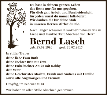 Traueranzeige von Bernd Lasch von Super Sonntag Zeitz