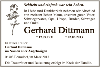 Traueranzeige von Gerhard Dittmann von Wochenspiegel Mansfelder Land