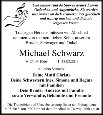 Traueranzeige von Michael Schwarz von Super Sonntag Dessau / Köthen
