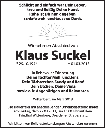 Traueranzeige von Klaus Suckel von WVG - Wochenspiegel Wittenberg