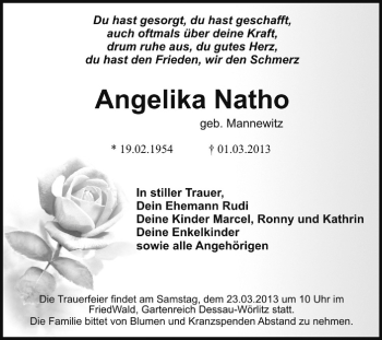 Traueranzeige von Angelika Natho von Super Sonntag Dessau / Köthen