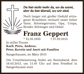 Traueranzeige von Franz Geppert von Super Sonntag SGH Mansf. Land