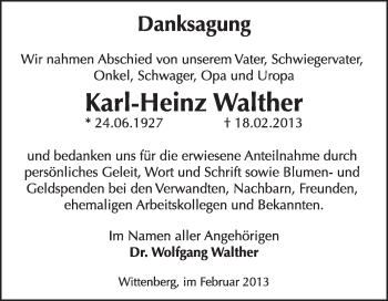 Traueranzeige von Karl-Heinz Walther von WVG - Wochenspiegel Wittenberg