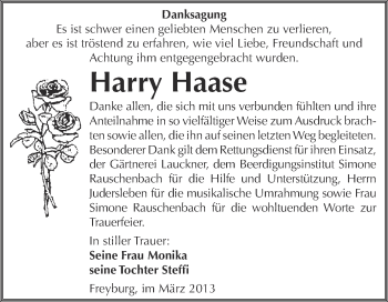 Traueranzeige von Harry Haase von WVG - Wochenspiegel NMB / WSF / ZTZ