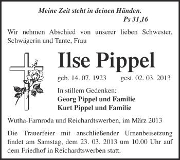 Traueranzeige von Ilse Pippel von WVG - Wochenspiegel NMB / WSF / ZTZ