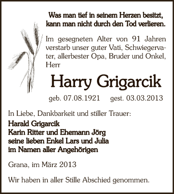 Traueranzeige von Harry Grigarcik von Super Sonntag Zeitz