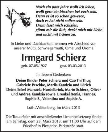 Traueranzeige von Irmgard Schierz von Super Sonntag Wittenberg