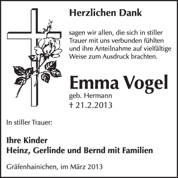 Traueranzeige von Emma Vogel von WVG - Wochenspiegel Wittenberg