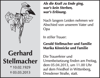 Traueranzeige von Gerhard Stellmacher von WVG - Wochenspiegel Wittenberg