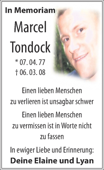 Traueranzeige von Marcel Tondock von WVG - Wochenspiegel NMB / WSF / ZTZ