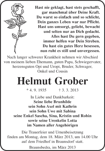 Traueranzeige von Helmut Grober von Super Sonntag Merseburg