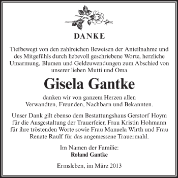 Traueranzeige von Gisela Gantke von Super Sonntag Aschersleben
