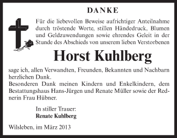 Traueranzeige von Horst Kuhlberg von Super Sonntag Aschersleben