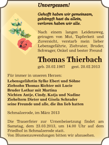Traueranzeige von Thomas Thierbach von WVG - Wochenspiegel SGH