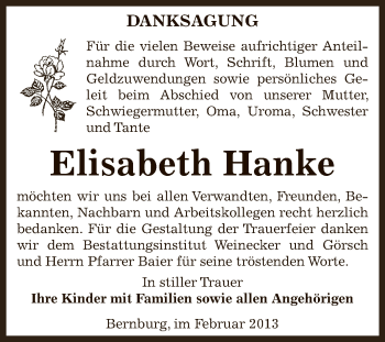 Traueranzeige von Elisabeth Hanke von Super Sonntag Bernburg