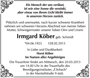 Traueranzeige von Irmgard Köber von WVG - Wochenspiegel Wittenberg