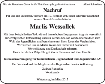 Traueranzeige von Marlis Wessollek von WVG - Wochenspiegel Wittenberg