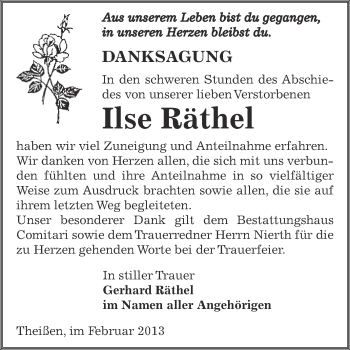 Traueranzeige von Ilse Räthel von Super Sonntag Zeitz