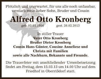 Traueranzeige von Alfred Otto Kronberg von Super Sonntag Bernburg