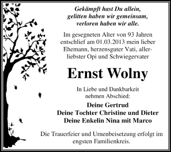 Traueranzeige von Ernst Wolny von Super Sonntag Dessau / Köthen
