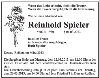 Traueranzeige von Reinhold Spieler von Super Sonntag Dessau / Köthen