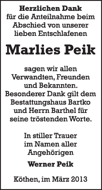 Traueranzeige von Marlies Peik von Super Sonntag Dessau / Köthen