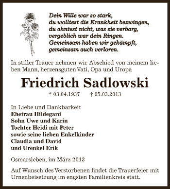 Traueranzeige von Friedrich Sadlowski von Super Sonntag Bernburg