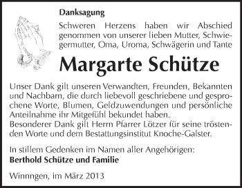 Traueranzeige von Margarte Schütze von WVG - Wochenspiegel Aschersleben