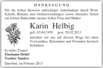 Traueranzeige von Karin Helbig von WVG - Wochenspiegel Merseburg