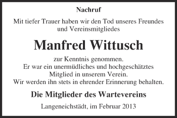 Traueranzeige von Manfred Wittusch von WVG - Wochenspiegel Merseburg
