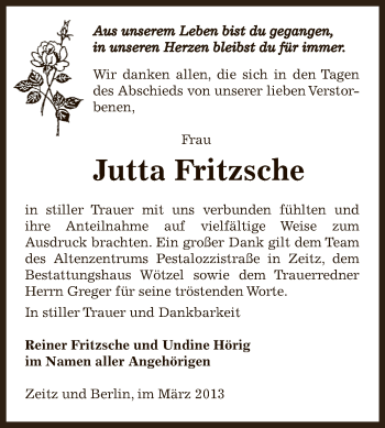 Traueranzeige von Jutta Fritzsche von Super Sonntag Zeitz