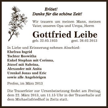 Traueranzeige von Gottfried Leibe von Super Sonntag Zeitz
