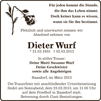 Traueranzeige von Dieter Wurf von WVG - Wochenspiegel Dessau / Köthen